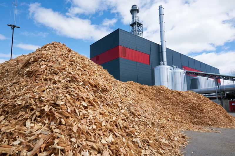 Large mounds of wood chip biomass fuel piled in front of an industrial energy plant