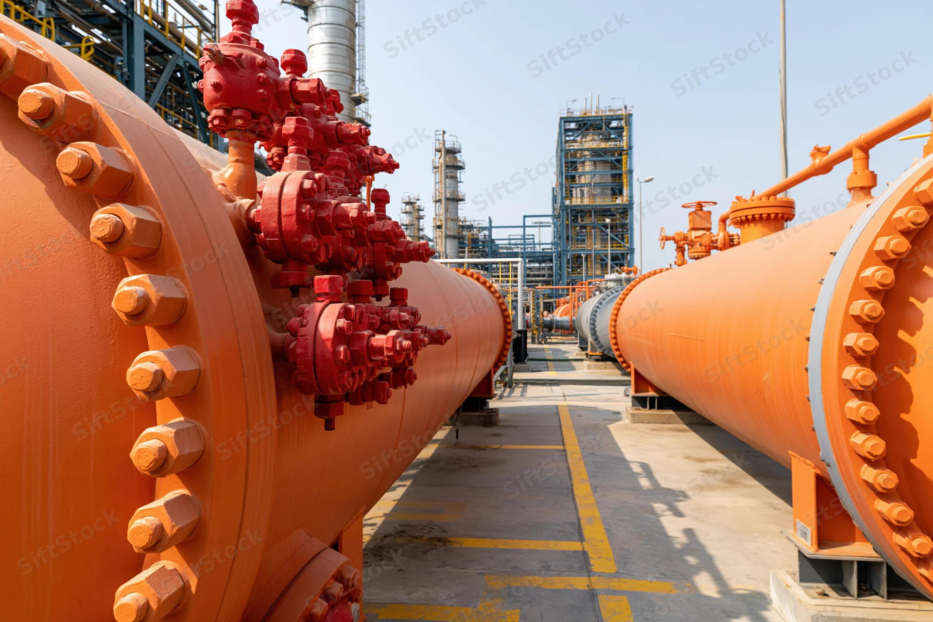 Large orange pressure vessels with red valve clusters arranged in rows at an industrial refinery site