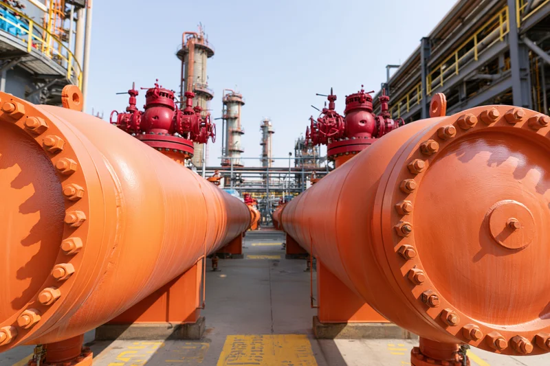 Large orange cylindrical pressure vessels with red valve clusters arranged in parallel rows at an industrial refinery site