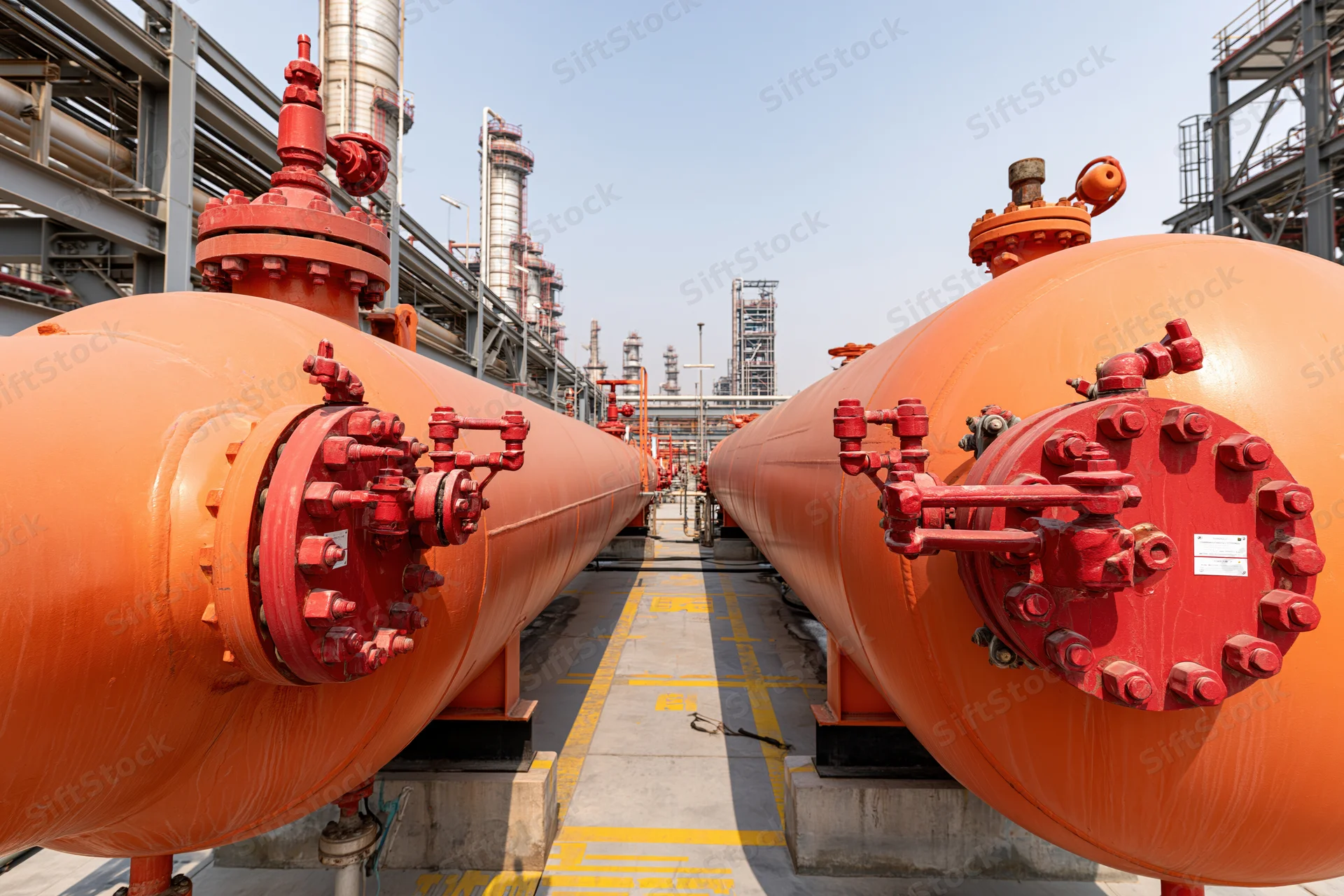 Large orange cylindrical pressure vessels with red valve clusters arranged in parallel rows at an industrial refinery site