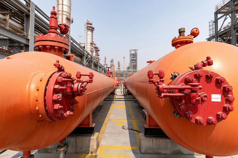 Large orange cylindrical pressure vessels with red valve clusters arranged in parallel rows at an industrial refinery site