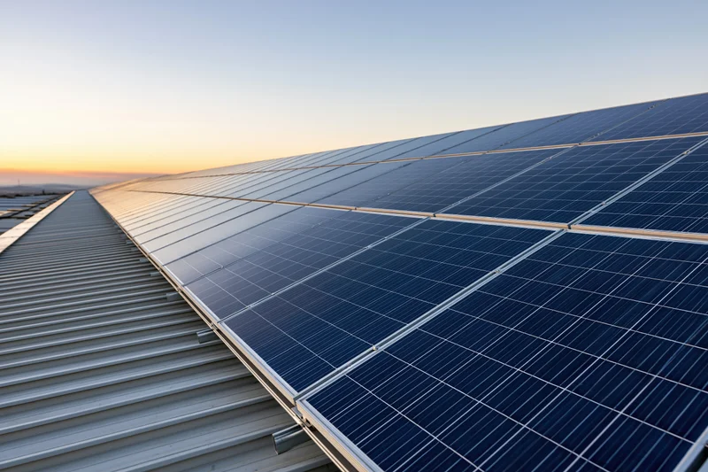 Solar panels arranged in a large array on a metal rooftop stretching toward the horizon at sunset