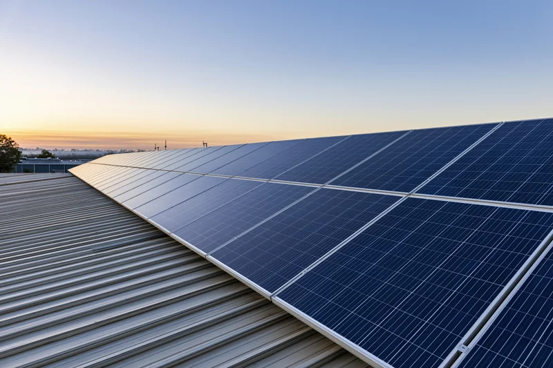 Large solar panel array installed on a corrugated metal rooftop at sunset