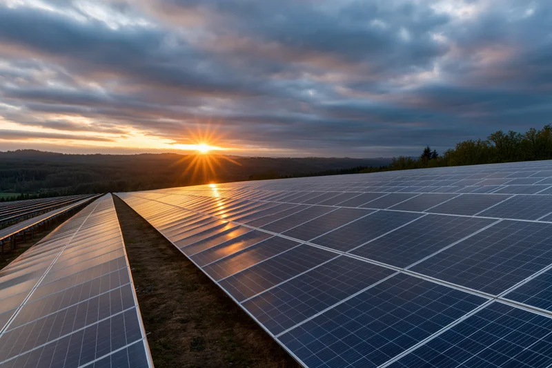 Rows of photovoltaic solar panels on a hillside at sunset reflecting golden light across the landscape