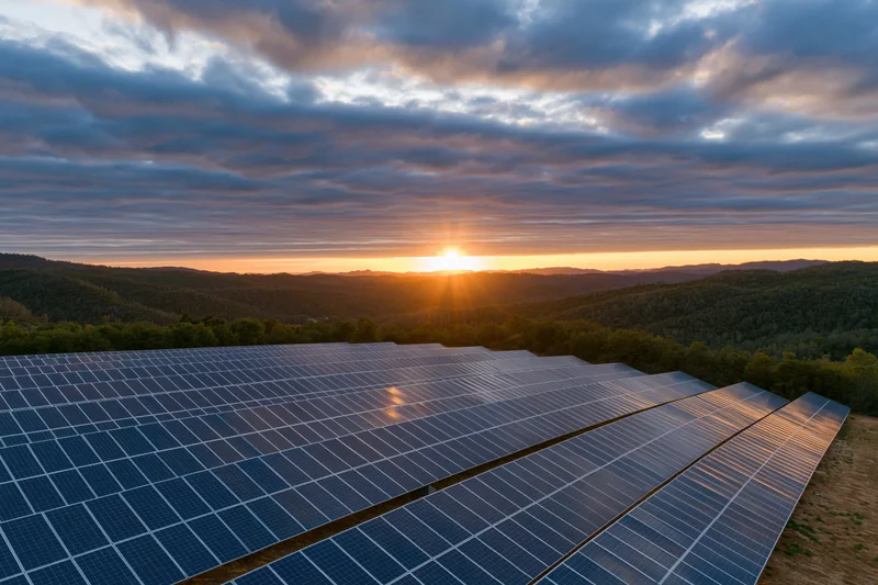 Rows of photovoltaic solar panels on a hillside at sunset with forested hills in the background