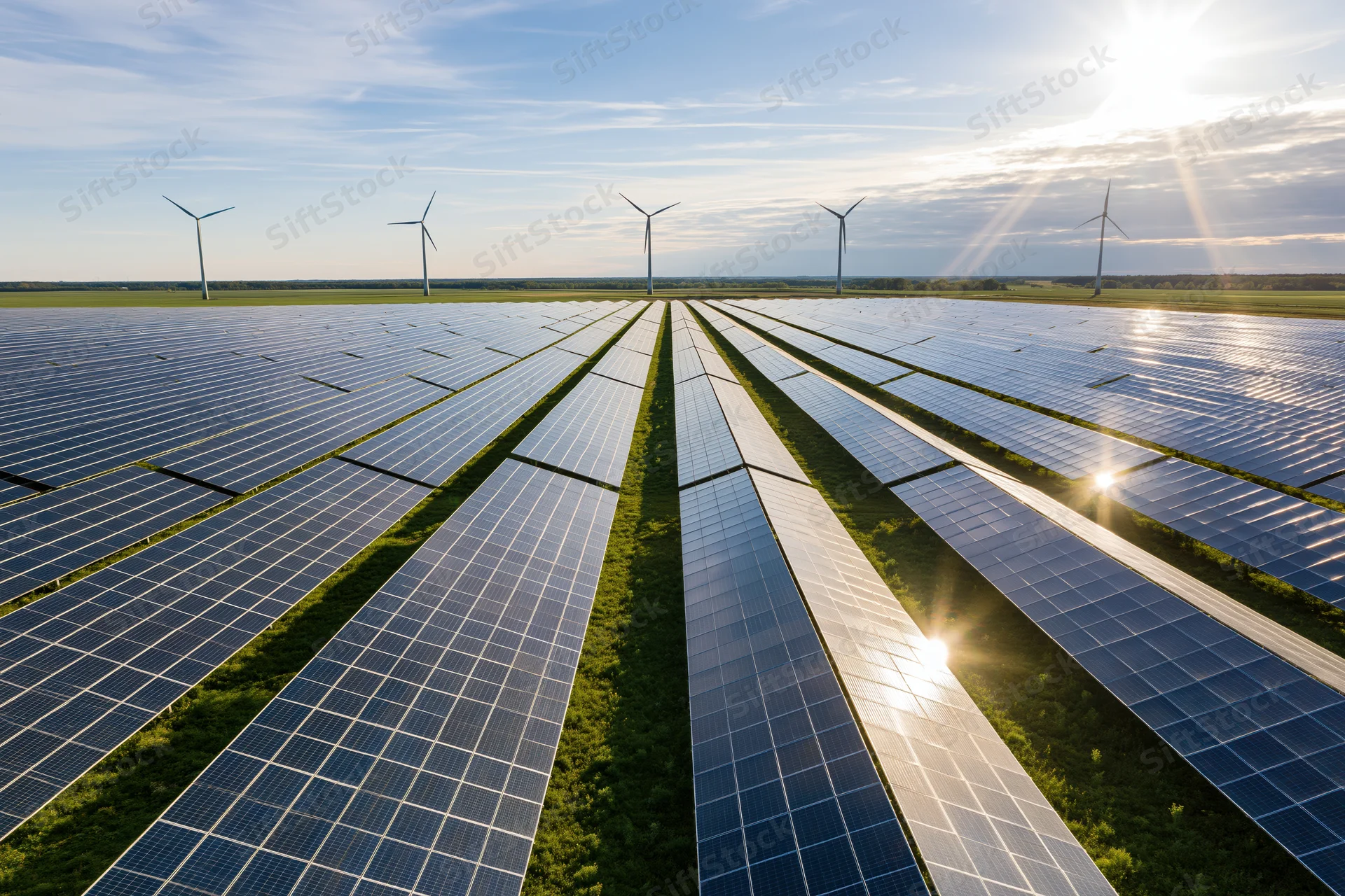 Rows of photovoltaic panels stretching across a grassy field with wind turbines in the distance under a clear blue sky