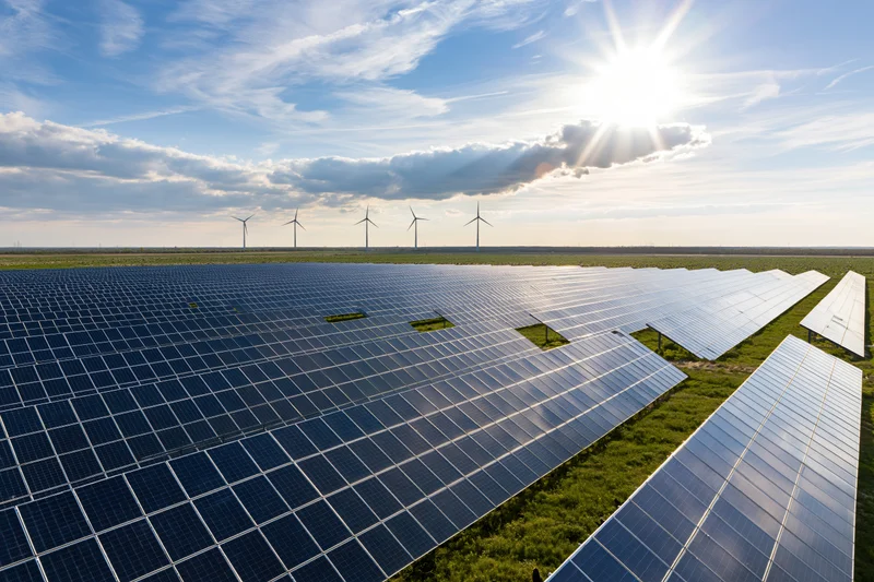 Solar farm with rows of photovoltaic panels stretching across a grassy field under a bright blue sky with scattered clouds and wind turbines in the distance