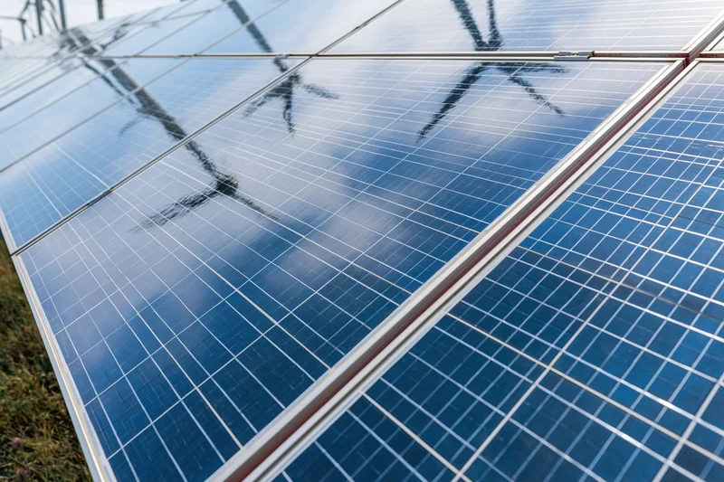 Solar panels arranged in a large outdoor array reflecting sky and wind turbines at low angle