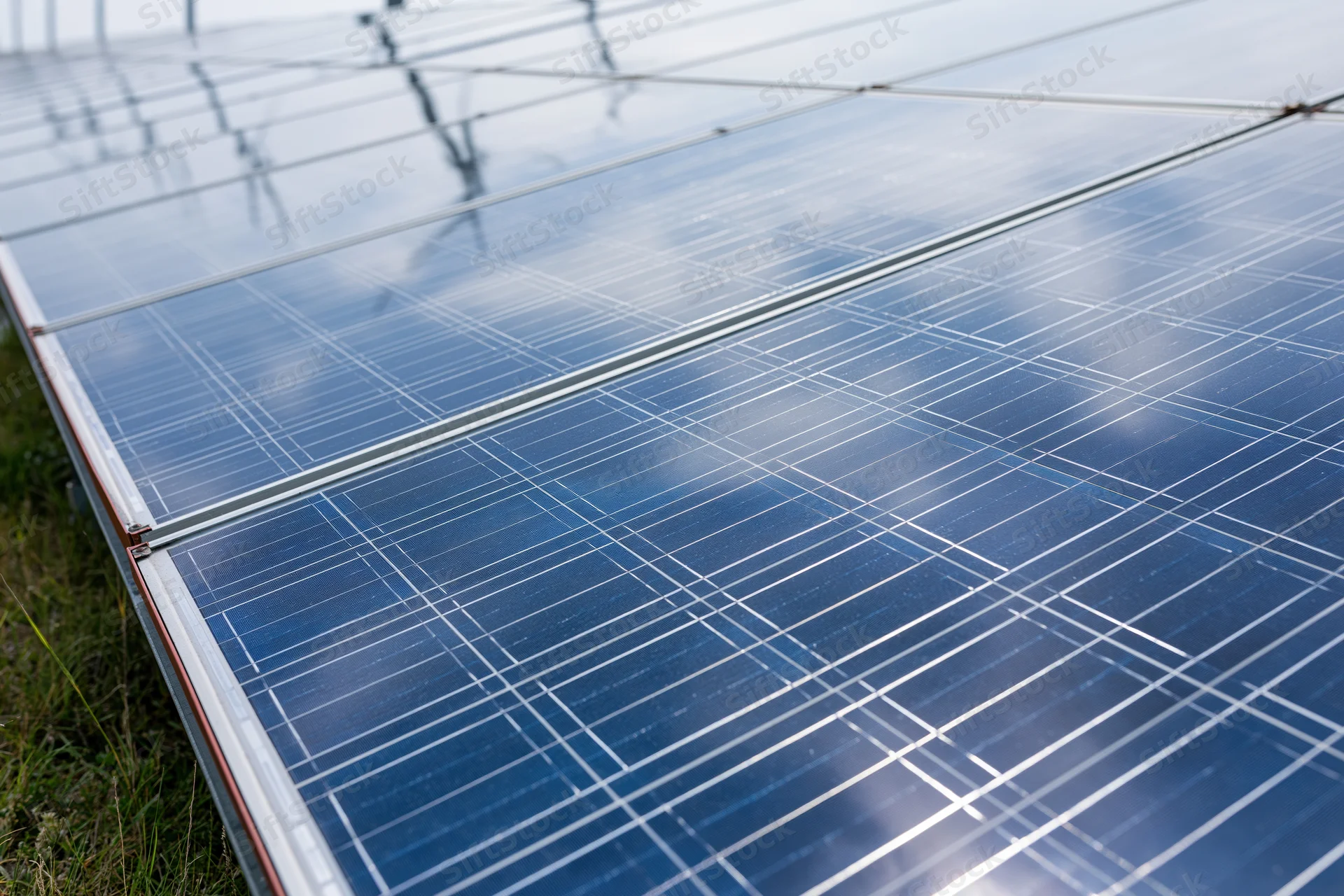 Solar panels arranged in a ground-mounted array with grass and sky reflected on their surface at low angle