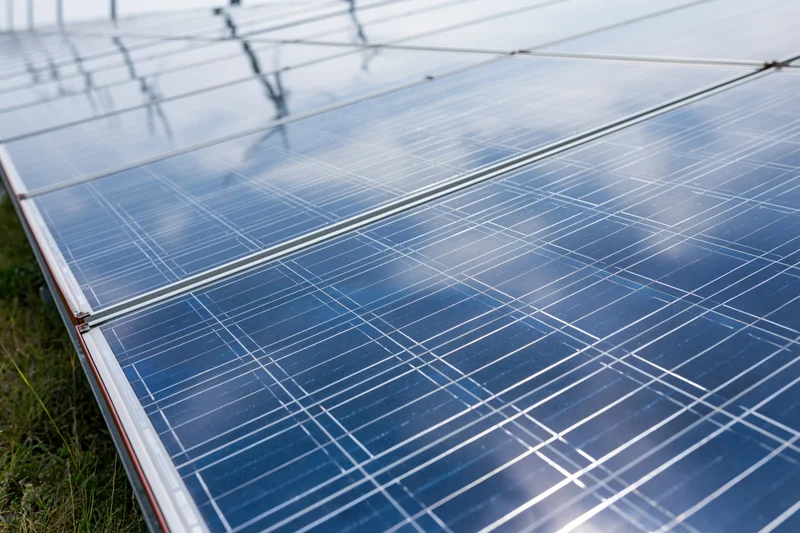 Solar panels arranged in a ground-mounted array with grass and sky reflected on their surface at low angle