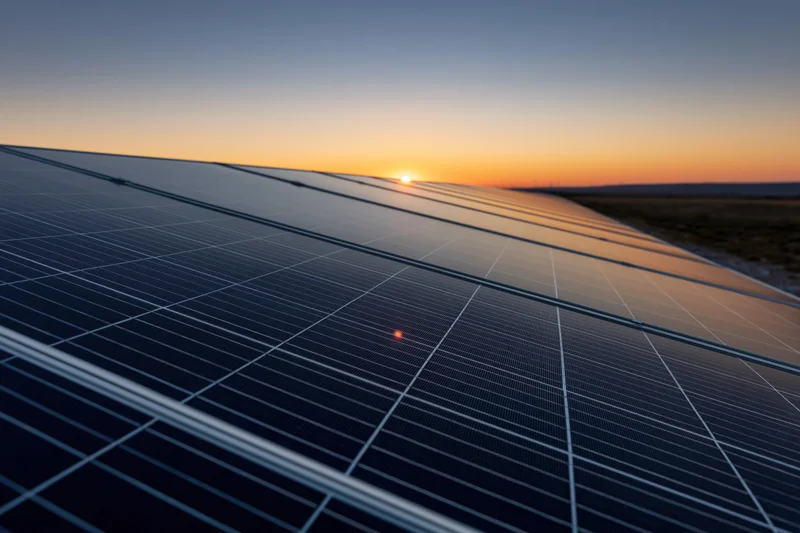 Solar panels arranged in a large array across an open arid field at sunset