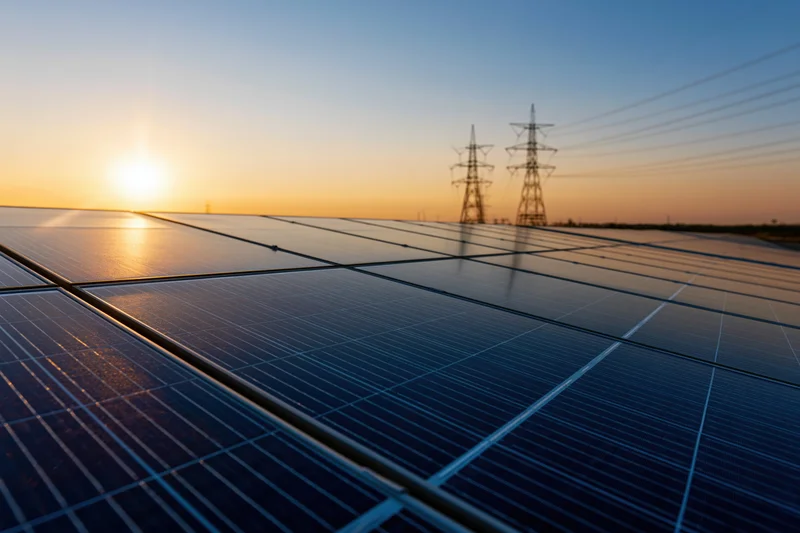 Solar panels arranged in rows across a field at sunset with power transmission towers in the distance