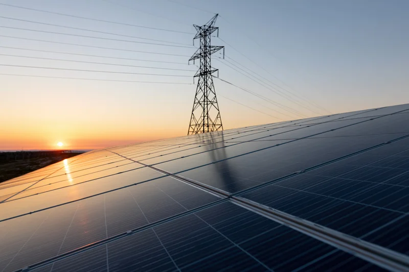 Solar panels arranged in a large array under a sunset sky with a high-voltage transmission tower in the background