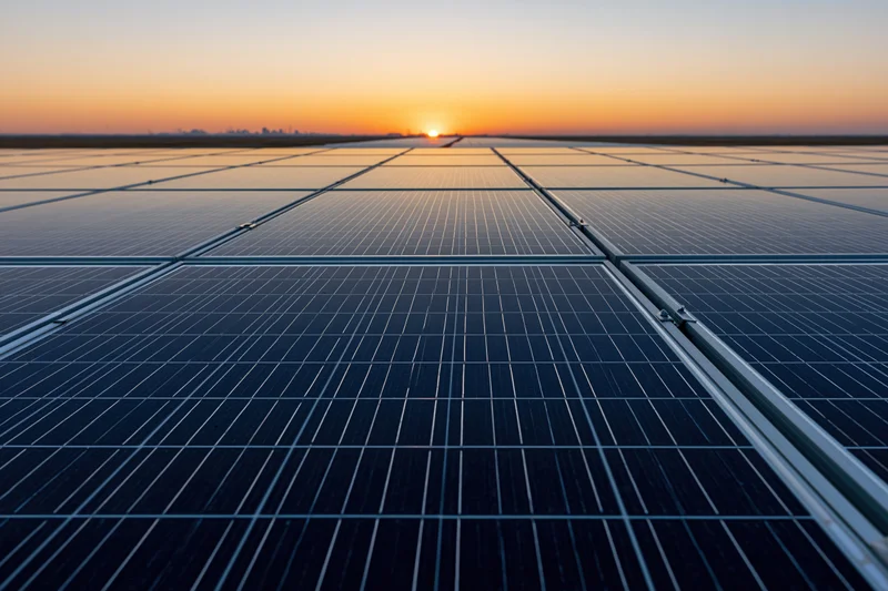 Solar panel array stretching to the horizon at sunset