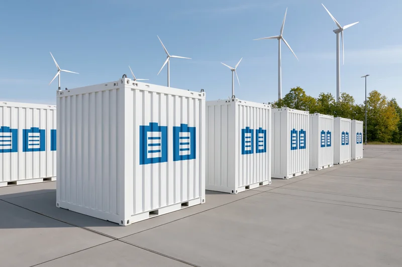 White industrial battery storage containers arranged in a row on concrete with wind turbines in the background