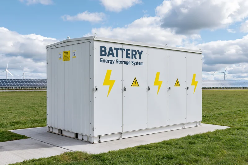 Large white industrial battery energy storage system unit on concrete pad in grassy field with solar panels and wind turbines in background