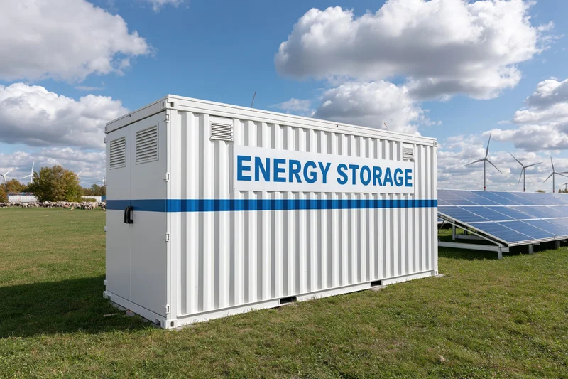 White industrial battery energy storage container labeled energy storage in a grassy field with solar panels and wind turbines in the background