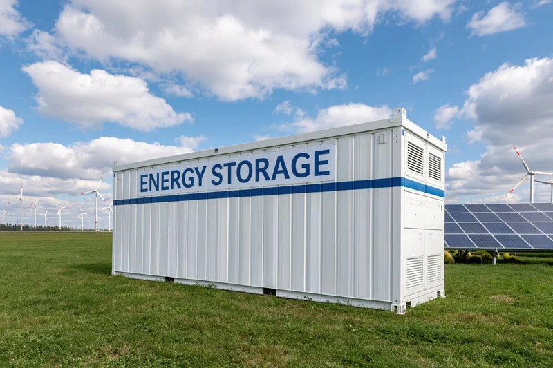 White industrial battery energy storage container in a grassy field with solar panels and wind turbines under a blue sky with clouds