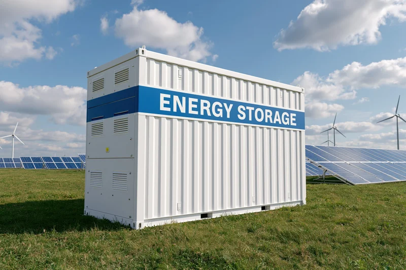 White industrial energy storage container labeled energy storage in a grassy field with solar panels and wind turbines under a blue sky with clouds