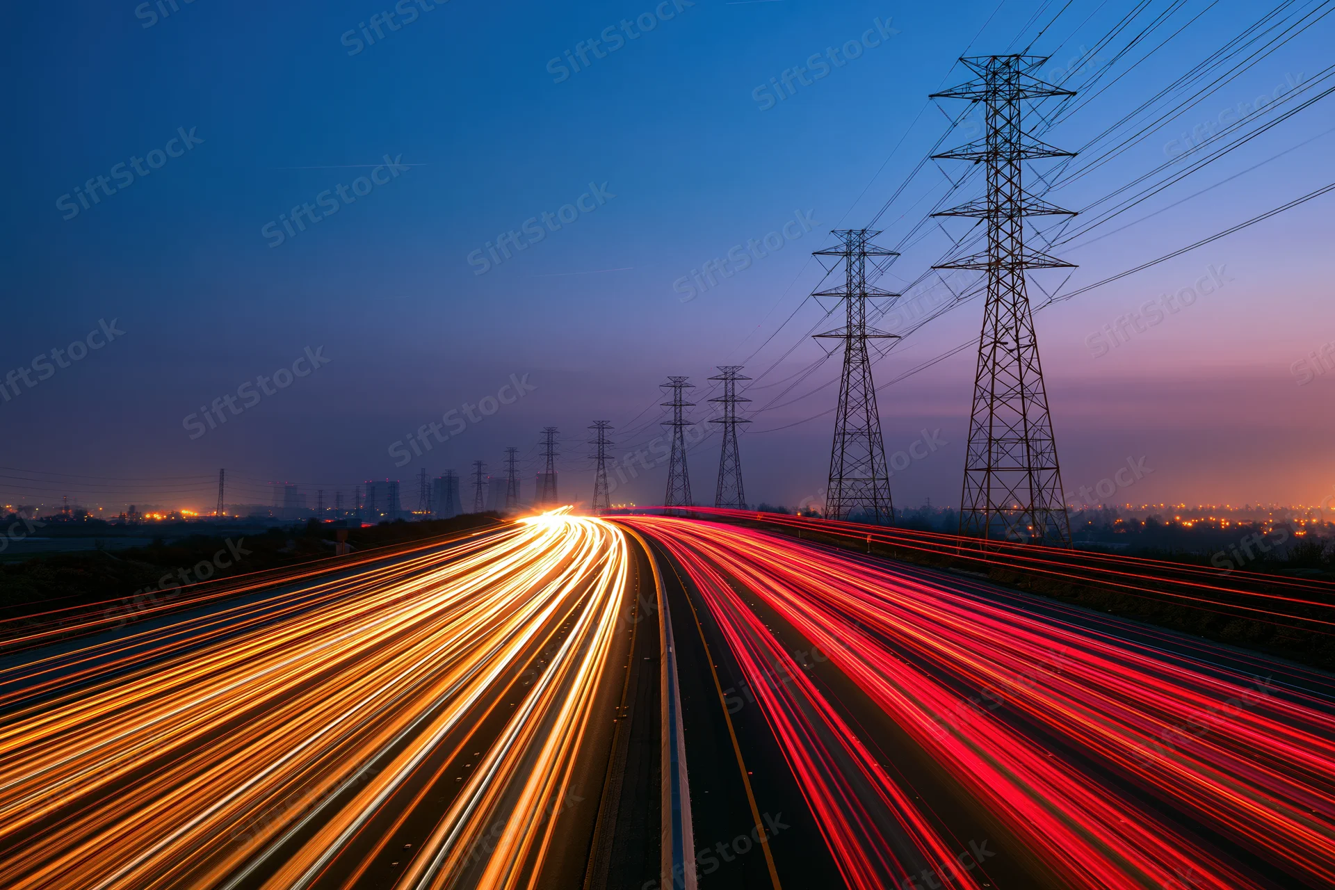 Long-exposure view of a multi-lane highway at dusk with light trails from moving vehicles and power transmission towers alongside
