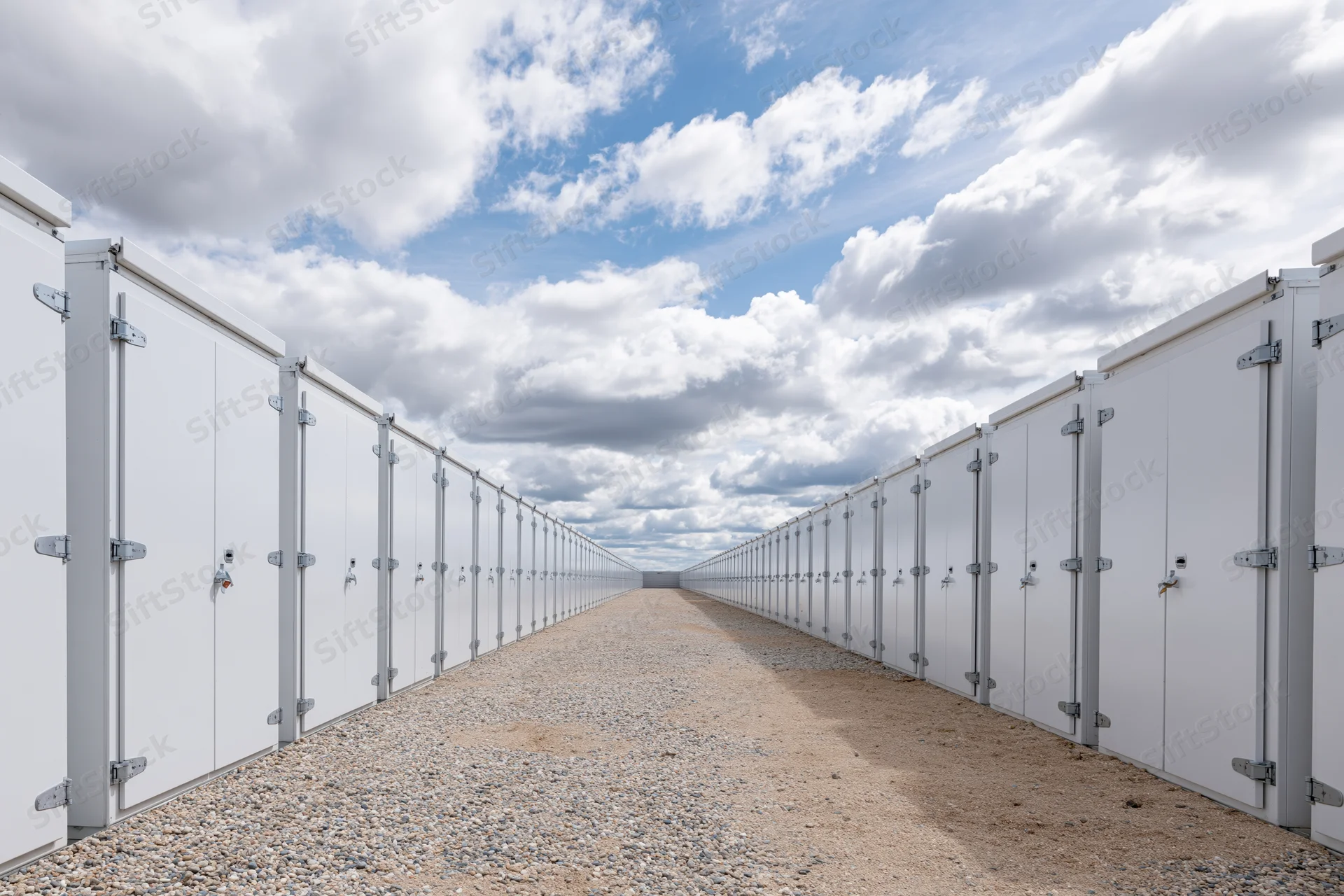 Long row of white industrial battery energy storage units aligned outdoors on gravel pathway under cloudy sky