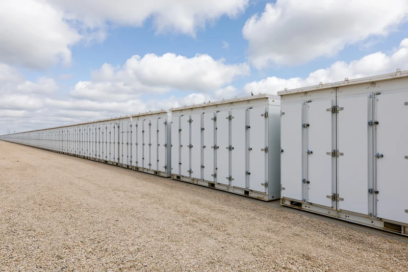 Long row of white industrial battery energy storage units aligned on gravel ground under blue sky with clouds