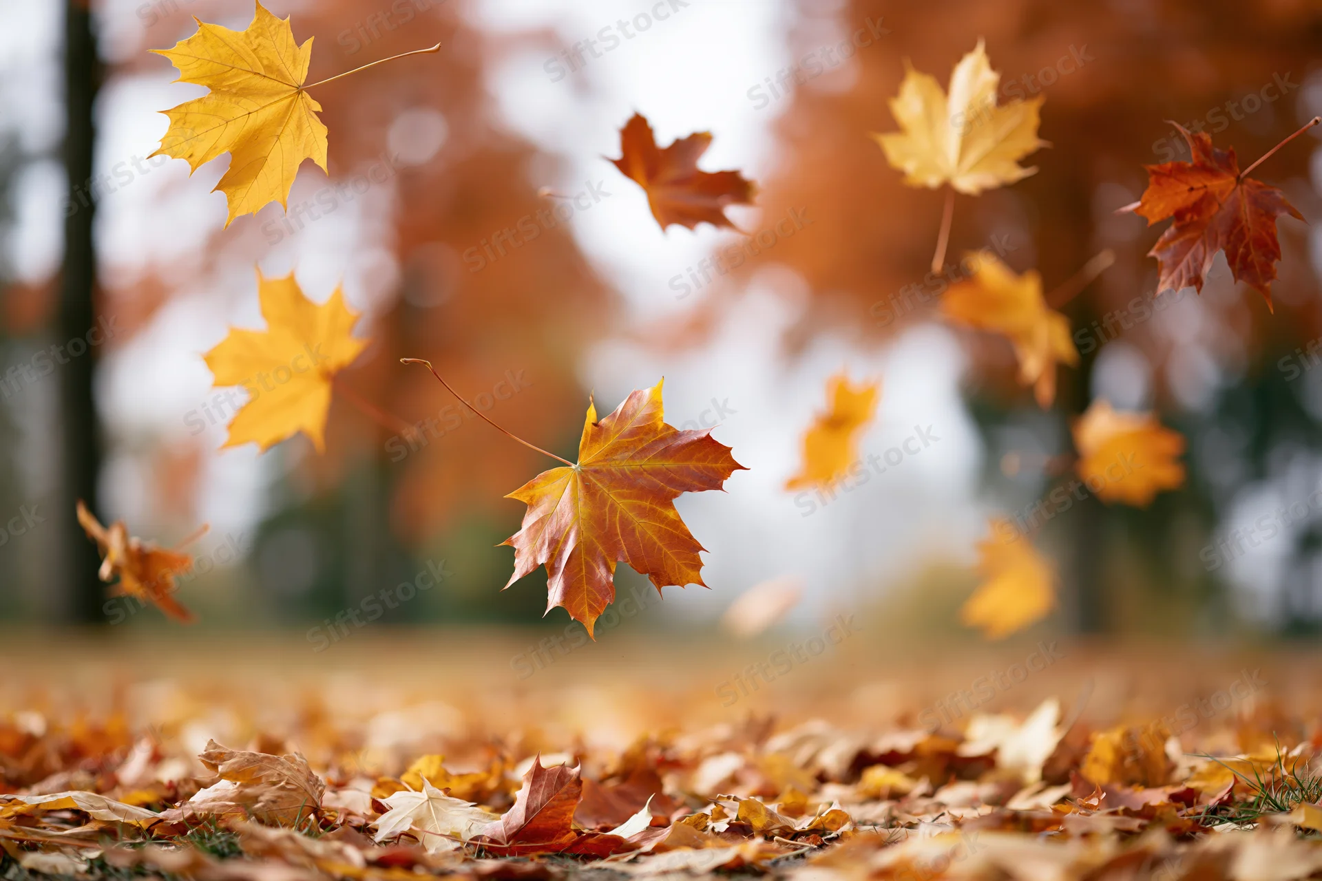 Maple leaves falling midair in an autumn park scattered on the ground