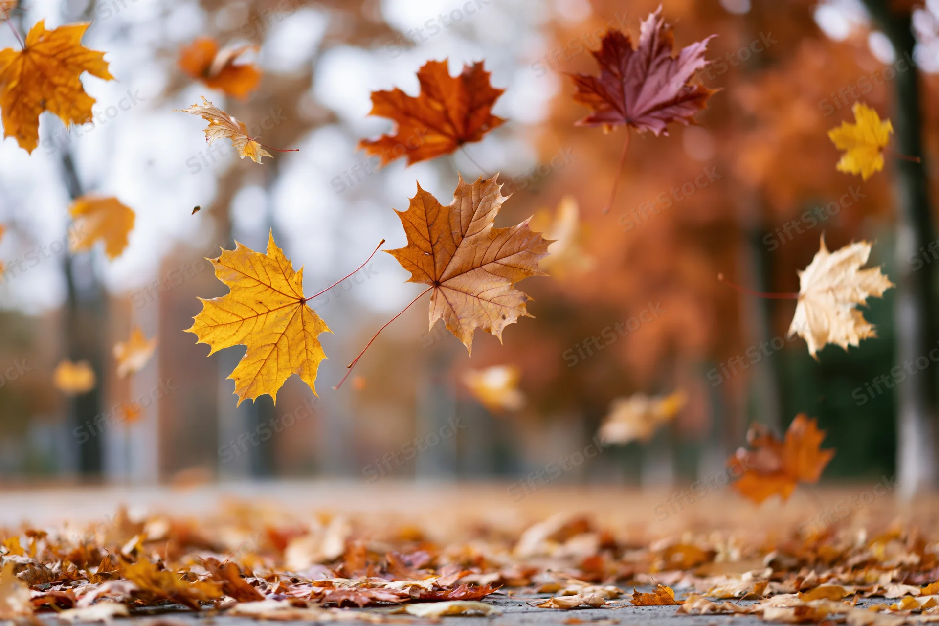 Maple leaves falling midair in an autumn park with scattered leaves on the ground