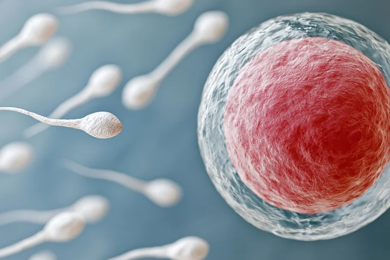 Multiple sperm cells swimming toward a single egg cell in a microscopic view