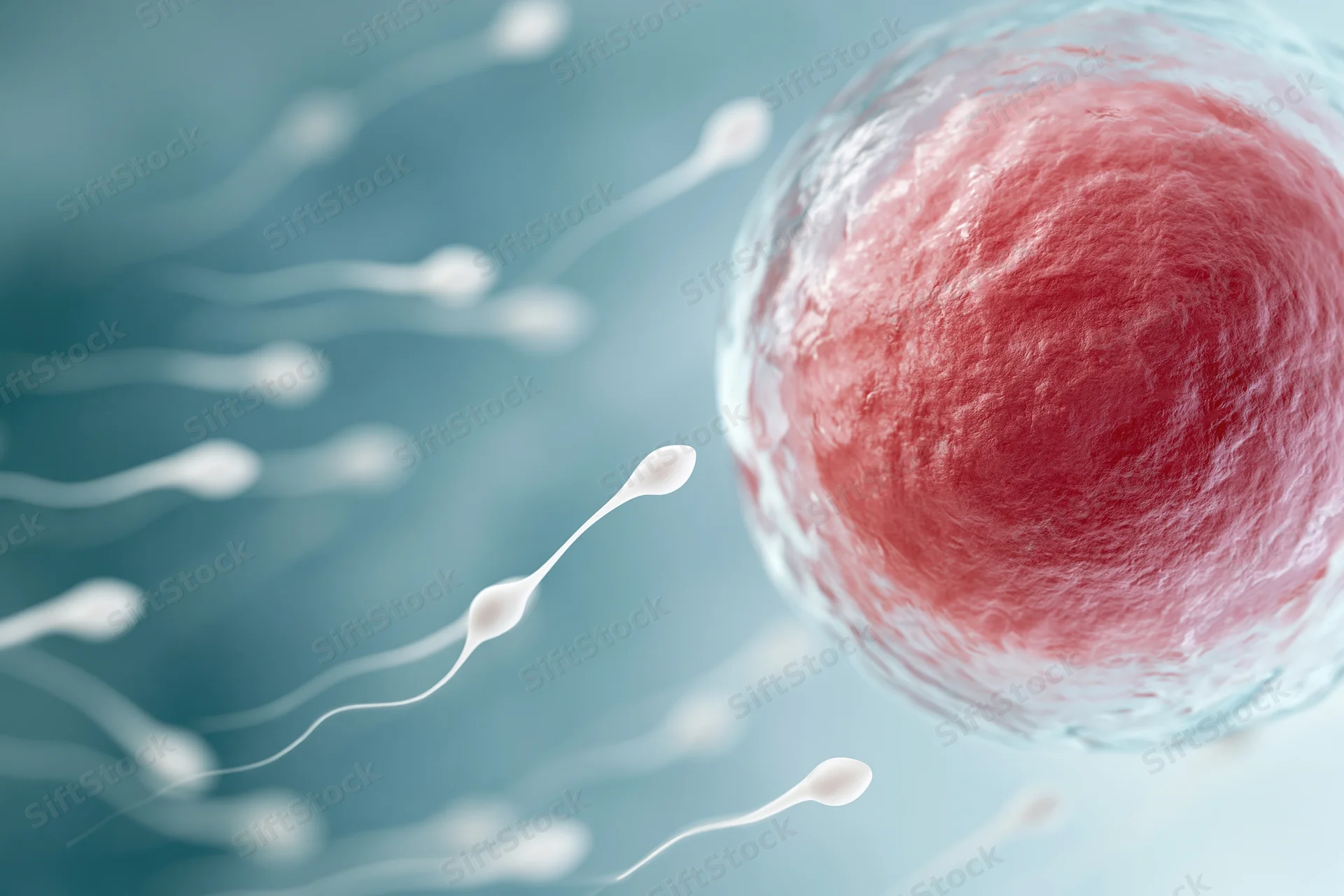 Sperm cells swimming toward an egg in a microscopic view