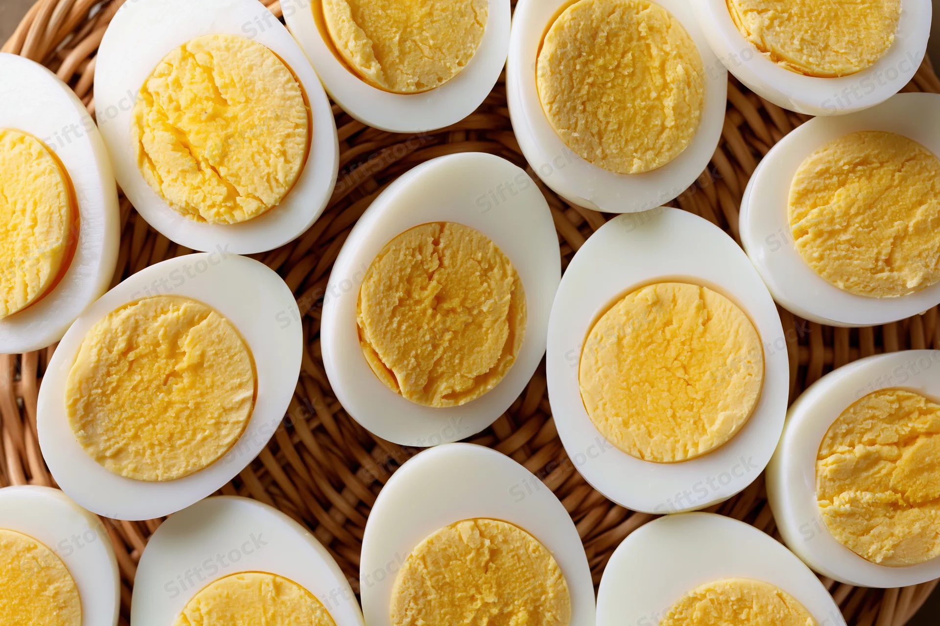 Hard-boiled egg halves arranged cut-side up in a woven basket