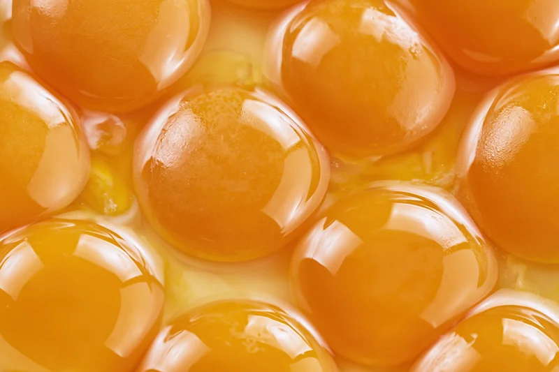 Multiple raw egg yolks closely packed in a bowl