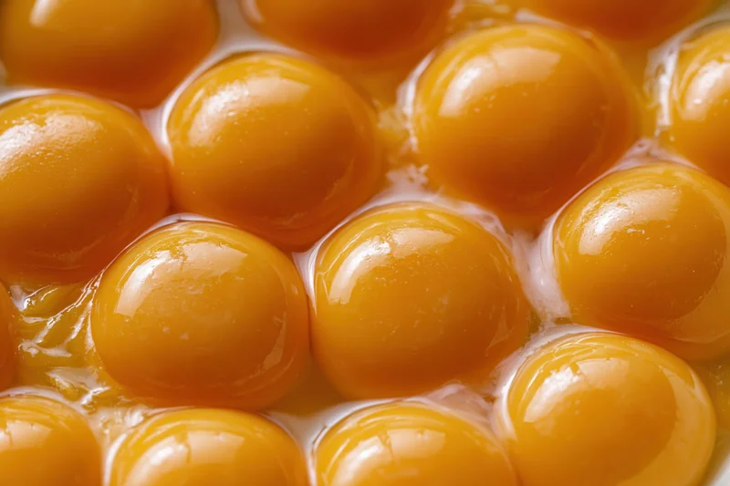 Multiple raw egg yolks closely packed in a bowl with white surrounding them