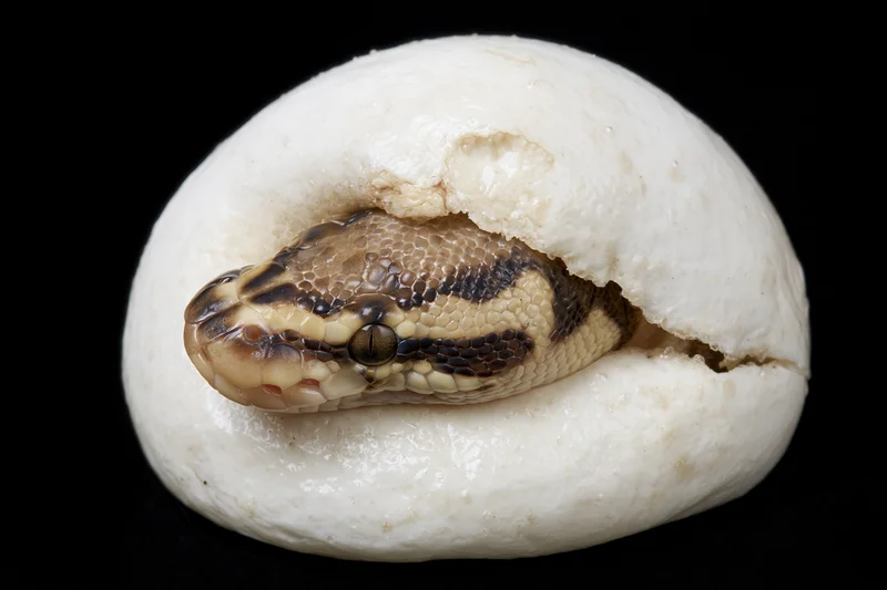 Newborn ball python hatchling emerging head-first from a white egg against black background