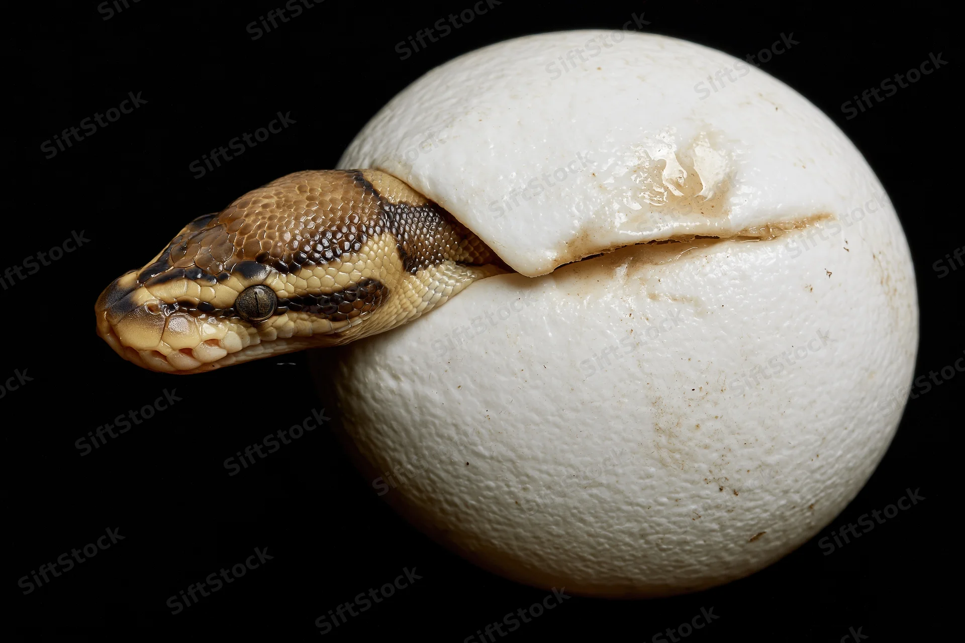 Newborn ball python hatchling emerging head-first from a white egg against black background