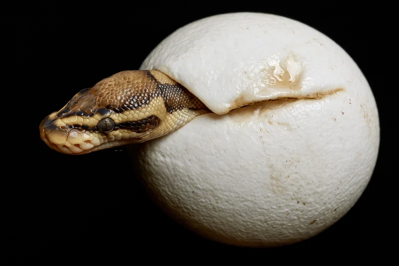 Newborn ball python hatchling emerging head-first from a white egg against black background