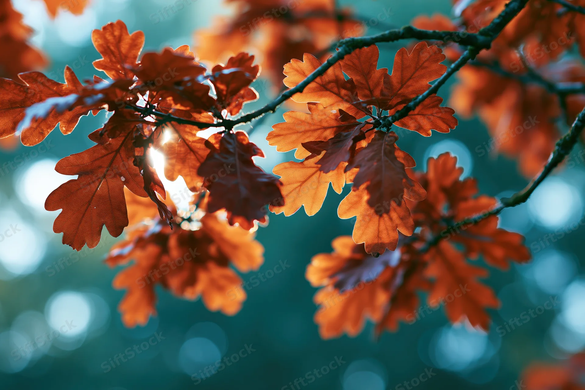 Oak tree branches with autumn leaves in warm sunlight against a blurred forest background