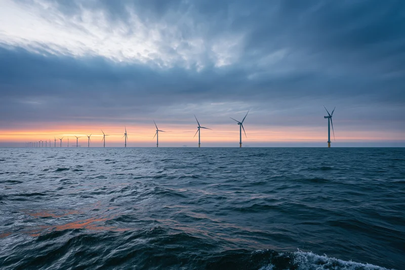 Offshore wind turbines in a row stretching across the ocean at sunset