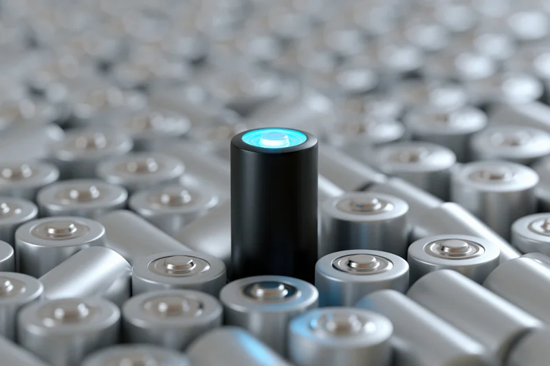 Glowing black aa battery standing upright among silver batteries in a grid pattern