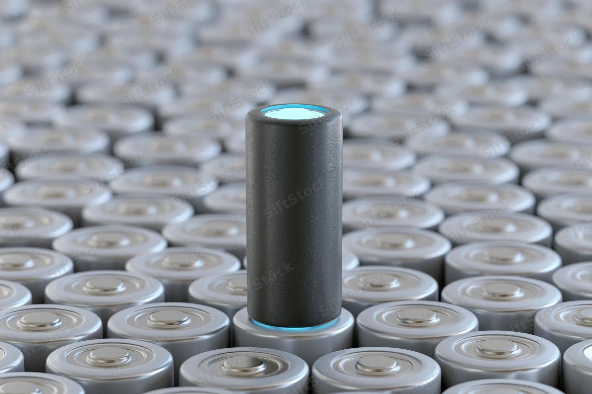 Glowing black cylindrical battery standing upright among rows of silver batteries in a grid pattern