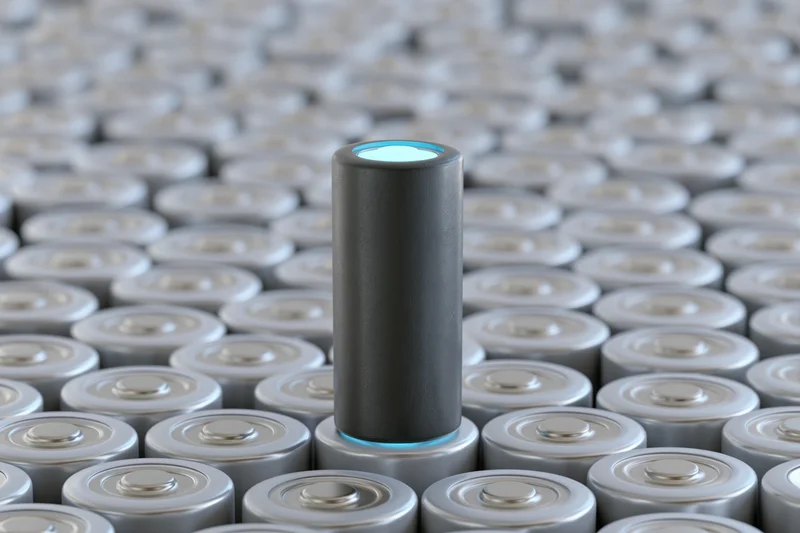 Glowing black cylindrical battery standing upright among rows of silver batteries in a grid pattern