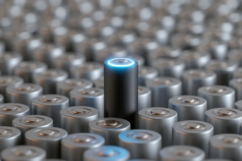 Glowing aa battery standing upright among rows of flat silver batteries