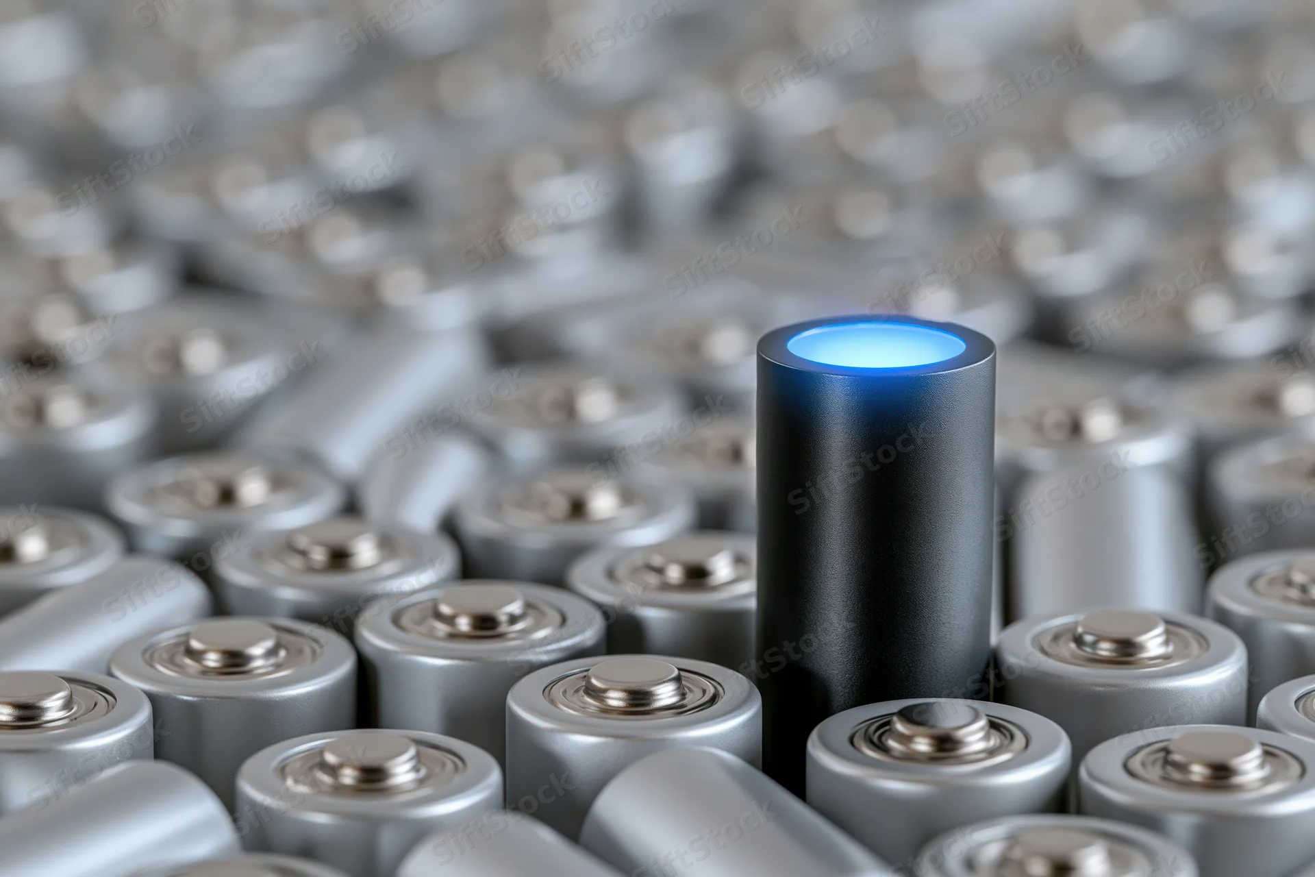 Glowing blue battery standing upright among many silver batteries in a dense array