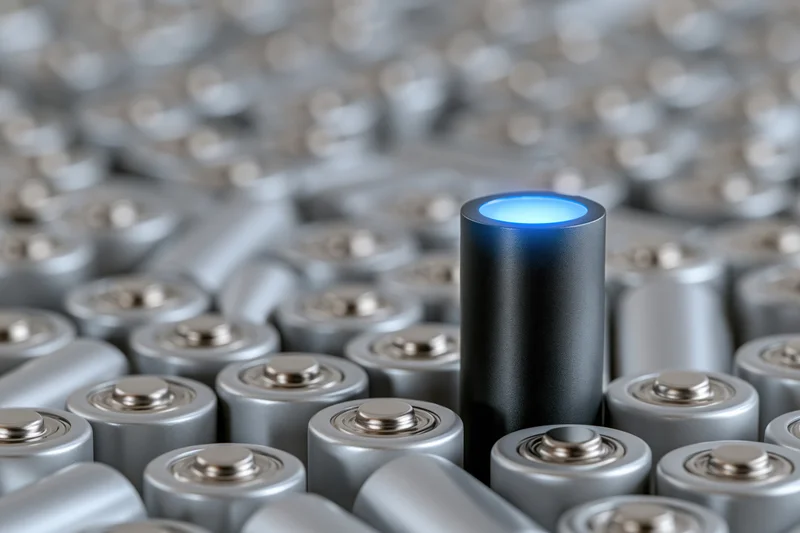 Glowing blue battery standing upright among many silver batteries in a dense array