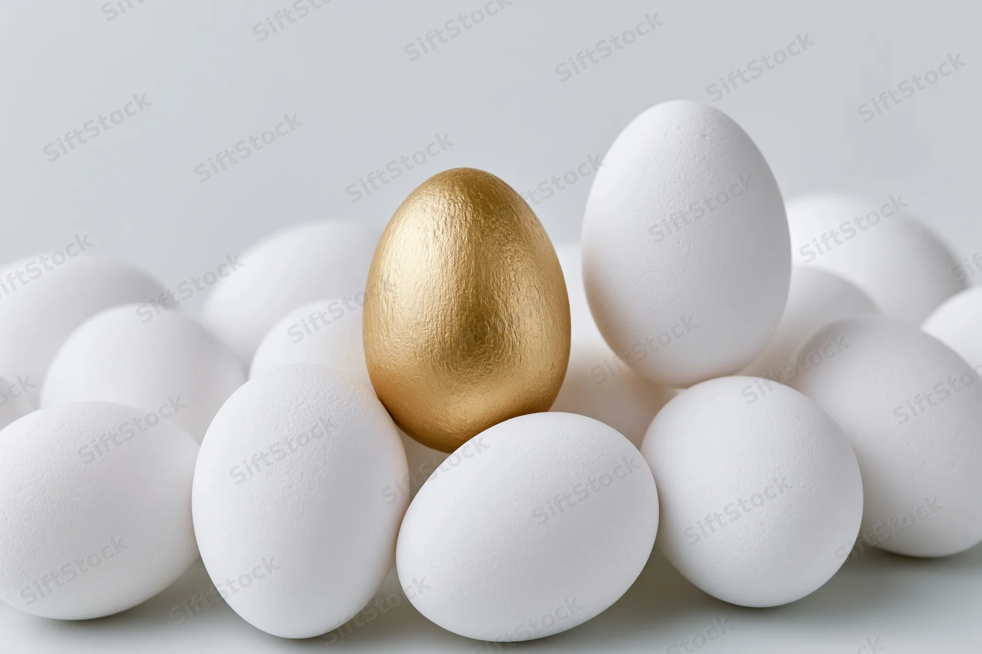 Golden egg standing among white eggs in a cluster on a plain surface