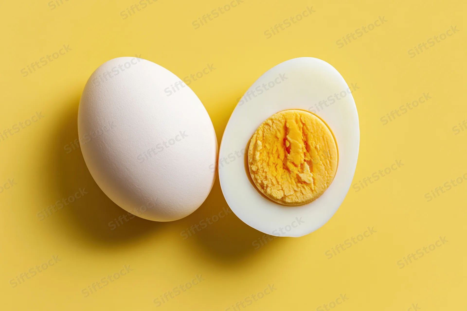 Whole white chicken egg beside halved hard-boiled egg on yellow background