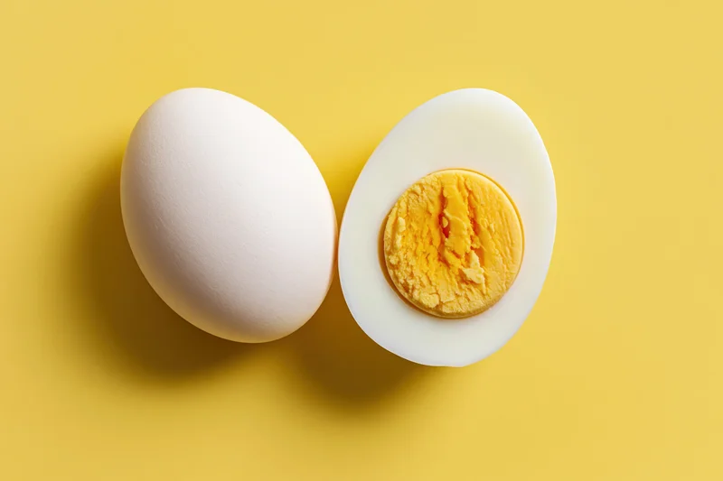 Whole white chicken egg beside halved hard-boiled egg on yellow background