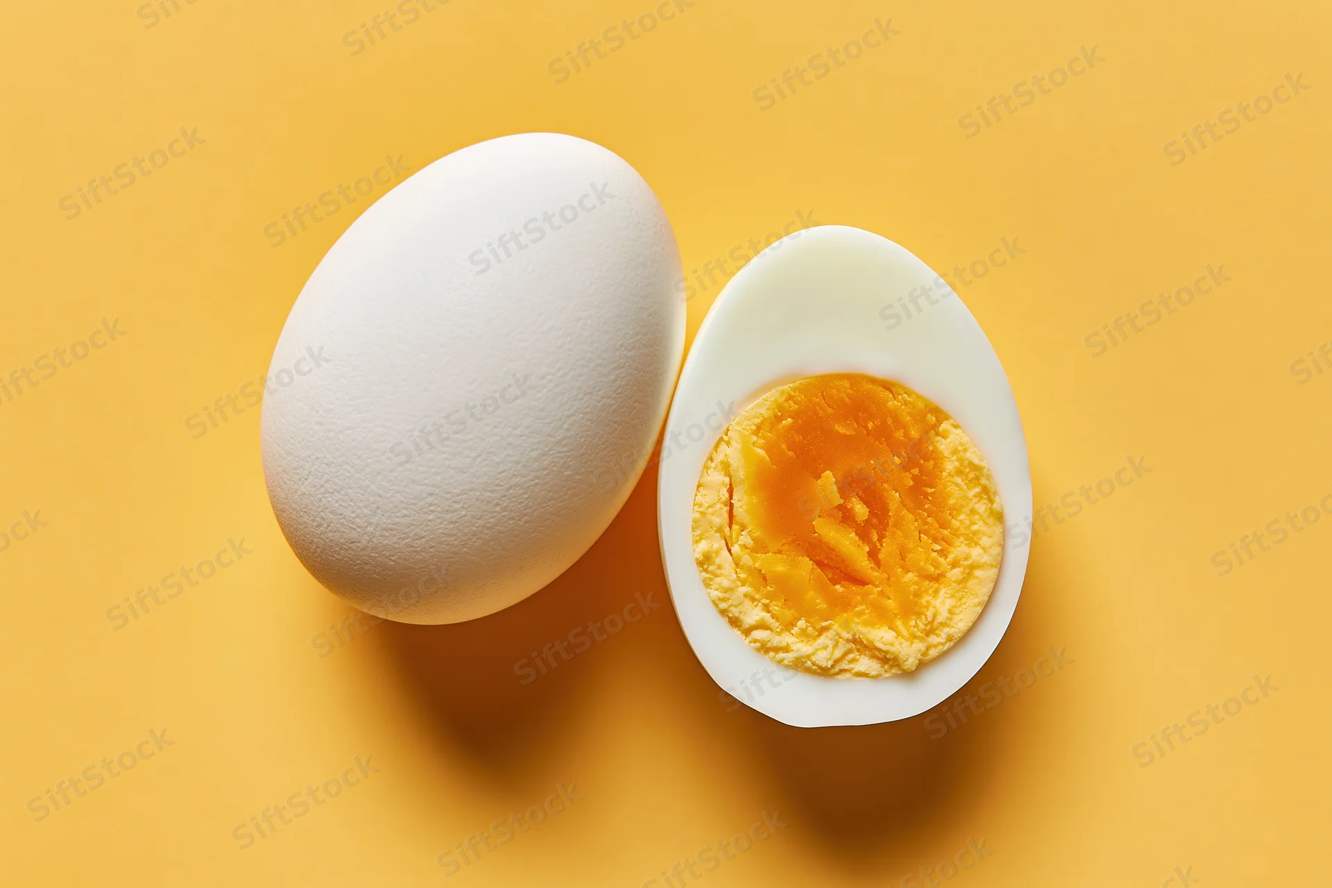 Whole white chicken egg beside halved hard-boiled egg on yellow background