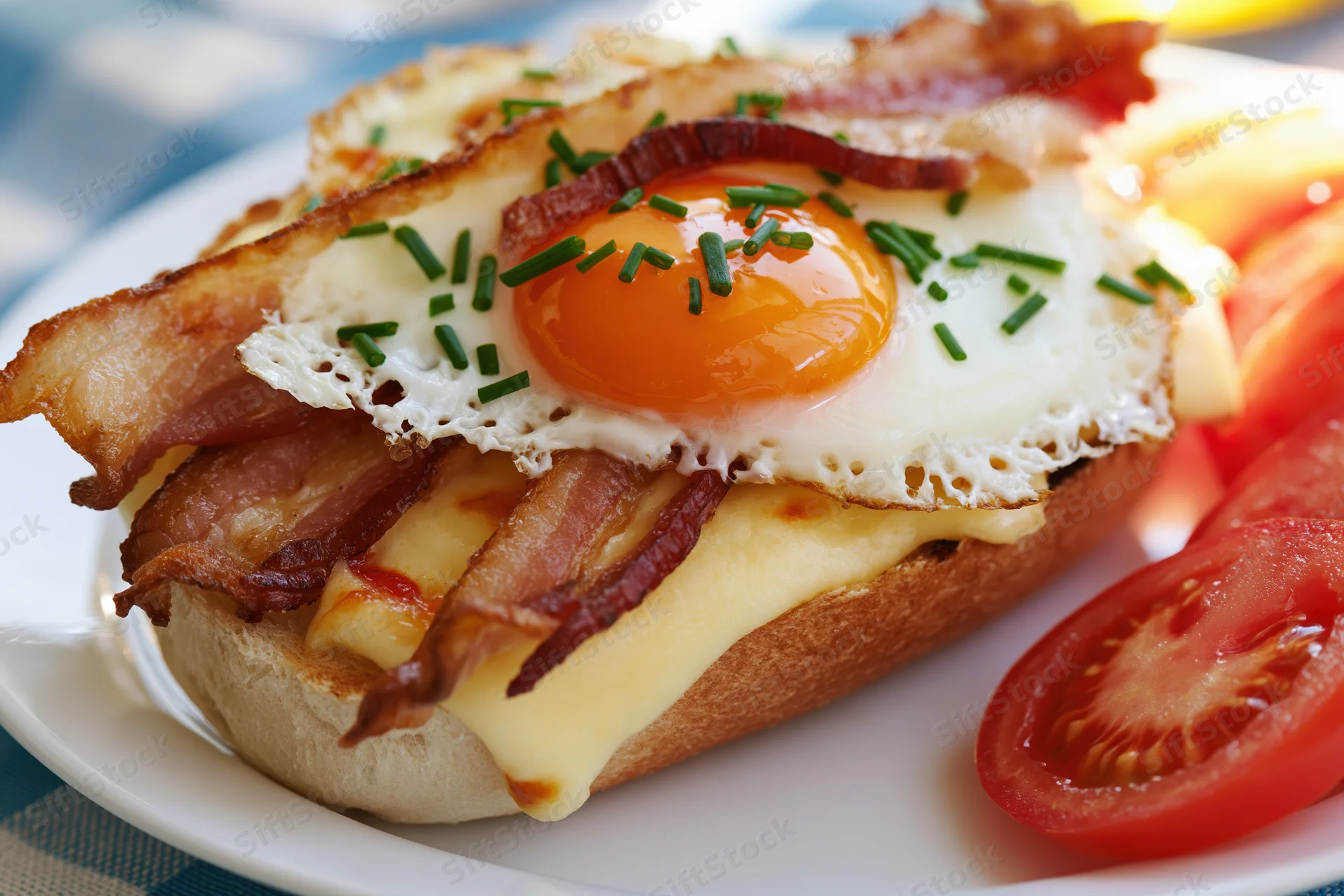 Open-faced bread roll sandwich topped with fried egg and bacon, served with tomato slices on a white plate