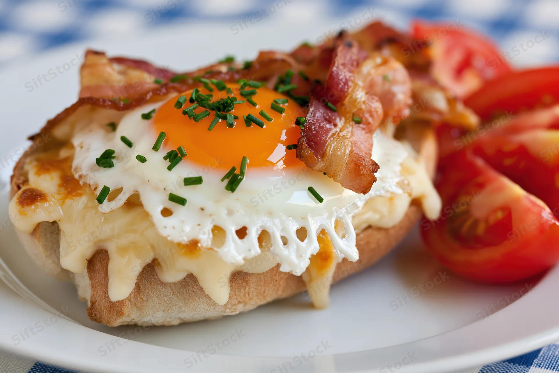 Open-faced bread roll sandwich topped with fried egg, bacon, melted cheese, and chives, served with tomato slices on a white plate